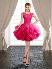 Low Price Scoop Hot Pink Ball Gowns Beading and Ruffles Prom Gown Lace Up Tulle Cap Sleeves Mini Length