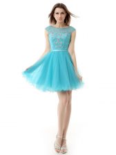  Aqua Blue A-line Beading Prom Gown Zipper Organza Sleeveless Knee Length
