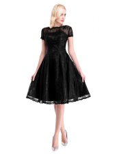 Inexpensive Short Sleeves Knee Length Lace Zipper Prom Party Dress with Black