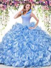  Beading and Ruffles Ball Gown Prom Dress Blue Backless Sleeveless Floor Length