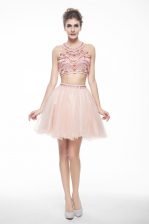 Trendy Peach Chiffon Backless Scoop Sleeveless Knee Length Prom Evening Gown Beading