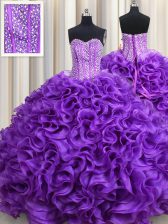 Admirable Eggplant Purple Ball Gowns Beading Quinceanera Dresses Lace Up Fabric With Rolling Flowers Sleeveless Floor Length