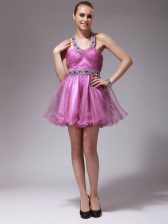Designer Halter Top Sleeveless Zipper Prom Party Dress Rose Pink Organza