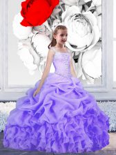  Lavender Ball Gowns Beading and Ruffles and Pick Ups Flower Girl Dress Lace Up Organza Sleeveless Floor Length