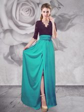  Lace Turquoise Zipper Half Sleeves Floor Length