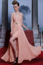 Noble Pink Empire Beading and Appliques Clasp Handle Chiffon Sleeveless Floor Length