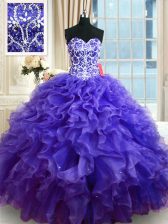  Sweetheart Sleeveless Sweet 16 Quinceanera Dress Floor Length Beading and Ruffles Purple Organza