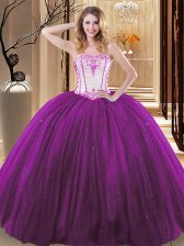 Smart White And Purple Ball Gown Prom Dress Military Ball and Sweet 16 and Quinceanera with Embroidery Strapless Sleeveless Lace Up
