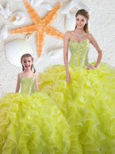  Yellow Green Sleeveless Floor Length Beading and Ruffles Lace Up Quinceanera Dresses