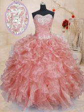 Inexpensive Watermelon Red Sleeveless Organza Lace Up Ball Gown Prom Dress for Military Ball and Sweet 16 and Quinceanera