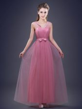  Pink Empire Tulle V-neck Sleeveless Appliques and Ruching and Bowknot Floor Length Lace Up Quinceanera Court of Honor Dress