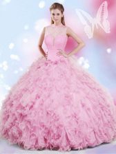  Halter Top Sleeveless Lace Up Quince Ball Gowns Rose Pink Tulle