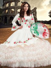  Sleeveless Floor Length Embroidery and Ruffles Lace Up Quinceanera Dress with White