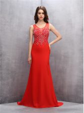 Fitting Mermaid Sequins Scoop Sleeveless Brush Train Zipper Prom Evening Gown Red Chiffon