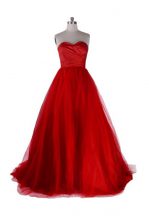 Eye-catching Sweep Train Ball Gowns Homecoming Dress Red Sweetheart Satin and Tulle Sleeveless With Train Zipper