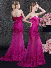 Exquisite Mermaid Sleeveless Floor Length Lace and Appliques Zipper Prom Dresses with Fuchsia Sweep Train
