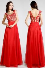 Modest Bateau Sleeveless Zipper Prom Evening Gown Red Chiffon