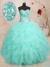Best Apple Green Organza Lace Up Sweetheart Sleeveless Floor Length Quinceanera Gowns Beading and Ruffles