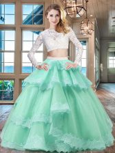  Scoop Apple Green Zipper 15th Birthday Dress Beading and Lace and Ruffled Layers Long Sleeves Floor Length