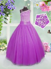 Floor Length Lilac Little Girls Pageant Gowns Tulle Sleeveless Beading