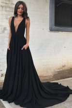  Black Backless Prom Party Dress Ruching Sleeveless With Train Court Train