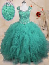 Ideal Turquoise Tulle Lace Up Square Cap Sleeves Floor Length Vestidos de Quinceanera Beading and Ruffles