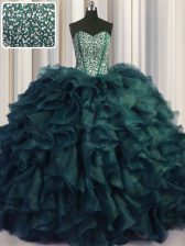  Visible Boning Bling-bling Peacock Green Ball Gowns Sweetheart Sleeveless Organza With Brush Train Lace Up Beading and Ruffles Sweet 16 Dress