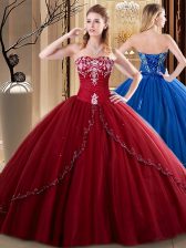  Wine Red Sweetheart Lace Up Embroidery Quinceanera Dress Sleeveless