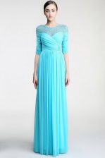  Scoop Sleeveless Floor Length Beading and Ruching Zipper Prom Gown with Aqua Blue
