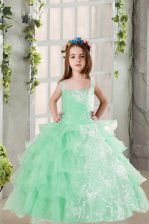  Square Sleeveless Girls Pageant Dresses Floor Length Lace and Ruffled Layers Turquoise Organza