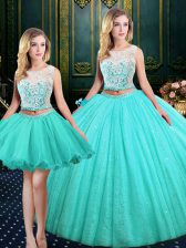 New Style Three Piece Scoop Sleeveless Tulle and Sequined Floor Length Lace Up Sweet 16 Dresses in Blue with Lace and Sequins