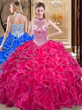Attractive Halter Top Floor Length Ball Gowns Sleeveless Hot Pink Ball Gown Prom Dress Lace Up