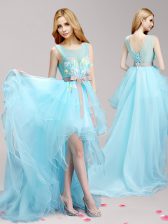  Scoop Sleeveless Tulle Dress for Prom Appliques and Bowknot Lace Up