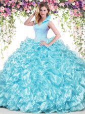 Aqua Blue Ball Gowns Organza High-neck Sleeveless Beading and Ruffles Floor Length Backless Sweet 16 Quinceanera Dress