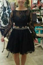  Scoop Lace Knee Length A-line Long Sleeves Black Evening Dress Backless