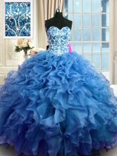  Sleeveless Floor Length Beading and Ruffles Lace Up Quince Ball Gowns with Blue