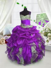  Lavender Lace Up Little Girls Pageant Gowns Beading and Ruffles and Pick Ups Sleeveless Floor Length