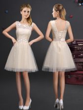 Dynamic Champagne Tulle Lace Up Scoop Sleeveless Mini Length Quinceanera Court of Honor Dress Lace and Appliques and Belt