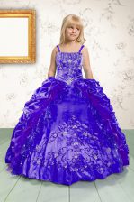 Delicate Royal Blue Satin Lace Up Pageant Gowns For Girls Sleeveless Floor Length Beading and Appliques and Pick Ups
