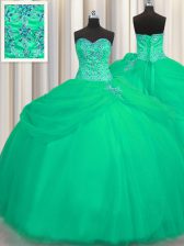  Big Puffy Turquoise Tulle Lace Up Quinceanera Dress Sleeveless Floor Length Beading