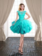 Charming Turquoise Lace Up Scoop Beading and Ruffles Prom Gown Tulle Cap Sleeves