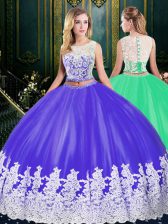  Scoop Sleeveless 15th Birthday Dress Floor Length Lace and Appliques Purple Tulle