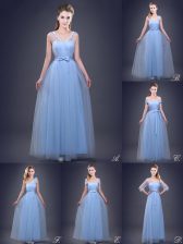 Shining Floor Length Light Blue Dama Dress for Quinceanera Tulle Sleeveless Beading and Appliques and Ruching and Bowknot and Hand Made Flower