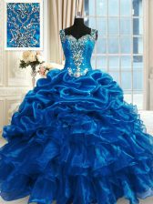  Ball Gowns Vestidos de Quinceanera Blue Straps Organza Sleeveless Floor Length Lace Up