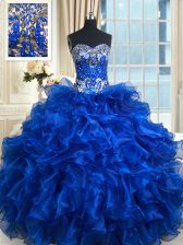 Deluxe Floor Length Royal Blue Quince Ball Gowns Organza Sleeveless Beading and Ruffles and Ruffled Layers