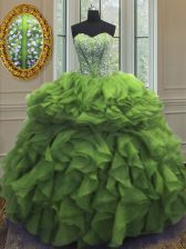Luxurious Green Ball Gowns Organza Sweetheart Sleeveless Beading and Ruffles Floor Length Lace Up Sweet 16 Dress