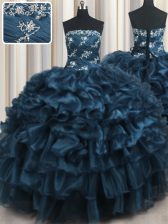 Cute Navy Blue Sleeveless Floor Length Appliques and Ruffles and Ruffled Layers Lace Up Sweet 16 Dresses