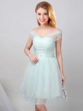Dramatic Off the Shoulder Apple Green Short Sleeves Tulle Lace Up Quinceanera Dama Dress for Prom and Party and Wedding Party