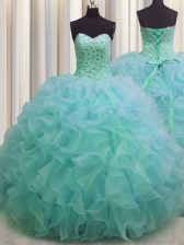 Green Ball Gowns Sweetheart Sleeveless Organza Floor Length Lace Up Beading and Ruffles 15 Quinceanera Dress