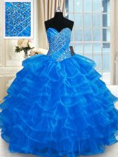  Blue Ball Gowns Beading and Ruffled Layers Ball Gown Prom Dress Lace Up Organza Sleeveless Floor Length